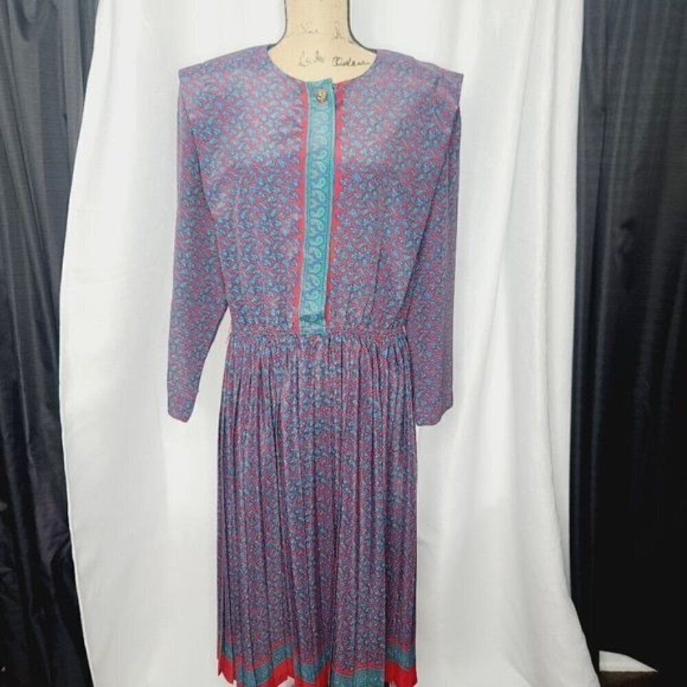 Vintage 90s Colorful Paisley Pleated Skirt Shirt Waist dress - Picture 14 of 16